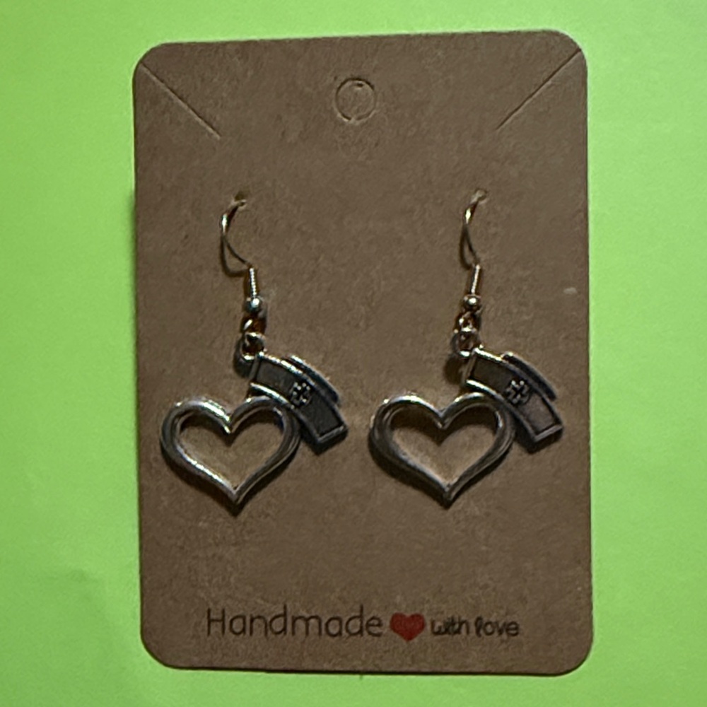 Silver Heart with Nursing Hat Earrings - Picture 4 of 5